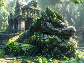 Colossal Naga Guardian Coiled around Forgotten Stone Citadel in Lush Jungle Landscape - obrazy, fototapety, plakaty