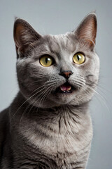 Portrait of lilac british cat with opened his mouth at white background, looking up away. Crazy cat with mad look, animal that is surprised or amazed. Emotional surprised concept. Copy ad text space