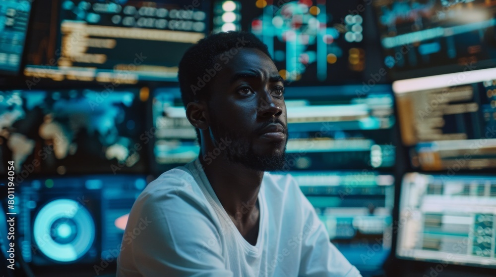 Poster a young confident african-american man, programmer, it specialist dealing with software, coding, cyb