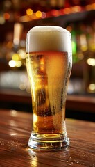 Close up of frothy beer glass with water droplets, stock photography for commercial use
