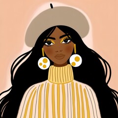 Chic Young Dark Skinned Woman with Black Hair Wearing a Light Beret and Yellow Accents - obrazy, fototapety, plakaty