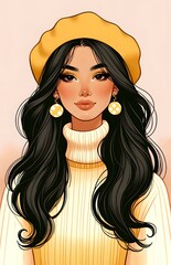 Stylish Young Woman with Black Hair and Yellow Beret in Fashion Portrait - obrazy, fototapety, plakaty