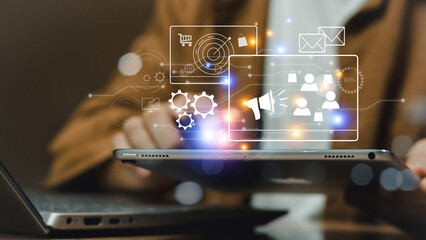 Digital Marketing Media Technology Graphic Concept, Business Lead And Customer Generation Magnet Pulling Figures, Businessman using mobile phone for marketing. Merchant marketing attracts customers