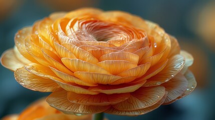 A macro image of an orange ranunculus flower with water droplets on its petals. - obrazy, fototapety, plakaty