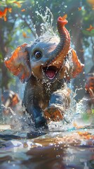 Playful Elephant Calf Spraying Water with Vibrant Splashes in Expressive Digital Painting Style