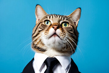 Portrait of funny tabby cat in black business suit and tie at blue background, looking up away. Serious, cat businessperson working from home office, businesscat. Business concept. Copy ad text space