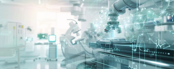 A robot is in a hospital room with a computer screen showing a 3D image of a human body. The robot is designed to assist with medical procedures and is surrounded by medical equipment