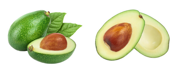 avocado and half with leaves isolated on white background close-up