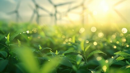 Abstract green energy background with wind turbines and sustainable practices. Generative AI.