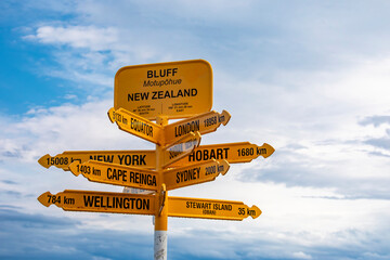 Bluff  New zealand 20th Dec 2023:  Signpost located at the very end of State Highway 1, in Bluff....