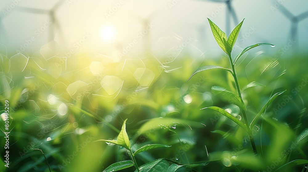 Poster abstract green energy background with wind turbines and sustainable practices. generative ai.