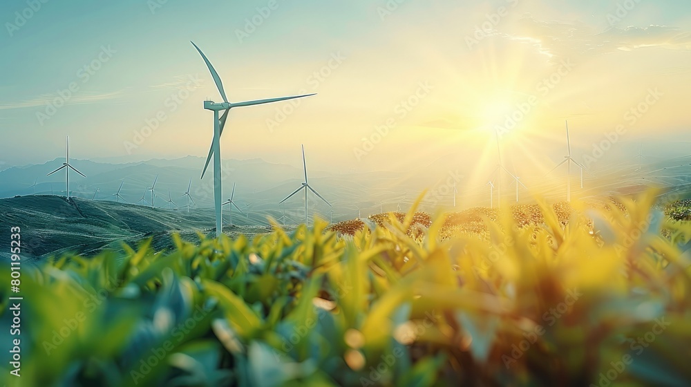 Poster Abstract green energy background with wind turbines and sustainable practices. Generative AI.