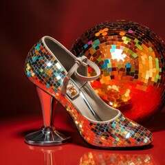 A silver disco ball sits on a red table next to a silver and mirrored stiletto heel