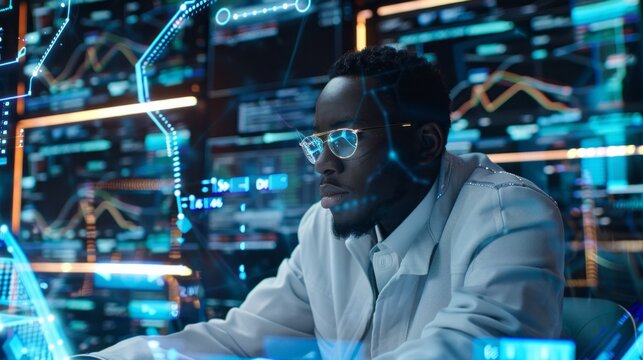 A young confident African American man, programmer, IT specialist, engaged in software, coding, cybersecurity surrounded by large digital computer screens in the System Management Center