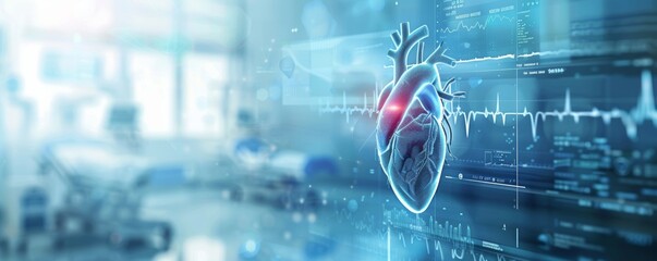 Fototapeta premium A heart is shown in a hospital room with a computer screen behind it. The heart is surrounded by a blue background and has a red line through it. Concept of urgency and importance