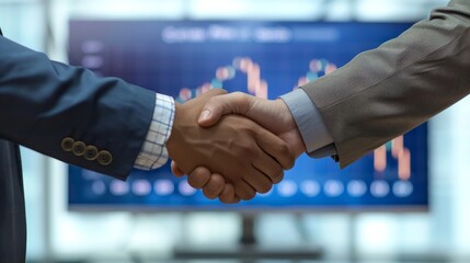 Close-up of a professional handshake in front of a financial chart screen, symbolizing successful corporate agreements and business partnerships.