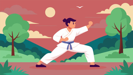 The discipline and focus of a student as they practice a kata form alone in a serene park.