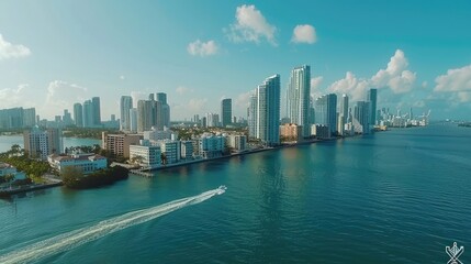 Miami cityscape ocean buildings colorful water sky