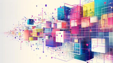 an abstract vibrant and geometric digital background, modern aesthetic artwork, an array of floating, interconnected cubes and rectangular prisms in a dynamic composition