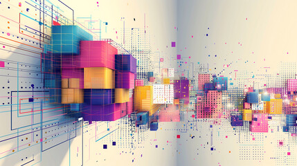 an abstract vibrant and geometric digital background, modern aesthetic artwork, an array of floating, interconnected cubes and rectangular prisms in a dynamic composition