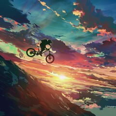 Mountain biker silhouette against sunset sky