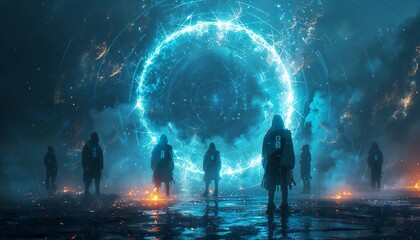 Guardians of Quantum Security, group of futuristic sentinels standing guard around a glowing orb, symbolizing quantum encryption.