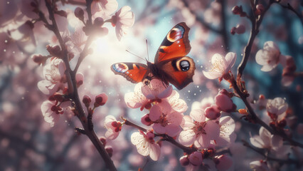 A butterfly perches on a cherry blossom branch, pollinating the flower