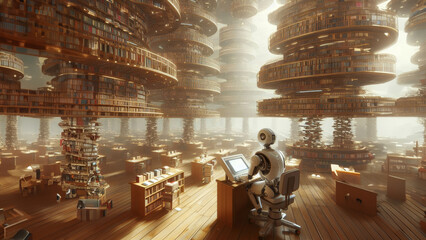 A robot sits at a desk in a library, surrounded by books and wood furniture