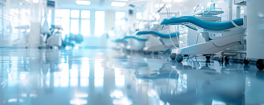 A hospital room with a blue bed and a white bed. The room is clean and bright. The beds are empty