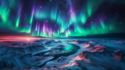 A mesmerizing painting of a purple aurora over a flowing river
