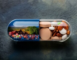 Medicine health concept. Nutritional supplement and vitamin supplements as a capsule