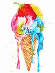 Vivid melting ice cream cone with citrus fruit