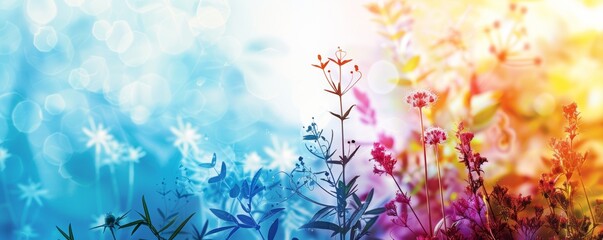A colorful field of flowers with a blue sky in the background. The flowers are in various shades of pink, purple, and yellow. Concept of joy and happiness, as the bright colors of the flowers