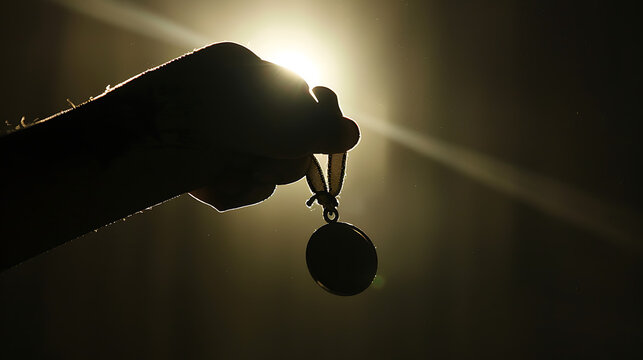 Woman hand raised, holding gold medal against sky. award and victory concept