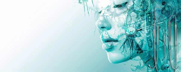 A woman's face is shown with a blue background. The woman's face is surrounded by a lot of blue and green paint, giving it a futuristic and artistic look