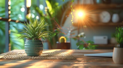 Eco-friendly office space, close-up on sustainable materials and green plants, environmentally conscious work