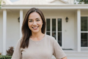 Happy female real estate agent successfully smiling against outside house background with copy space.