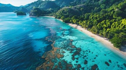 Obraz premium Beach with beautiful coastline.&nbsp;Aerial view of tropical paradise with turquoise waters,&nbsp;green palm trees,&nbsp;white sand beach and coral reefs