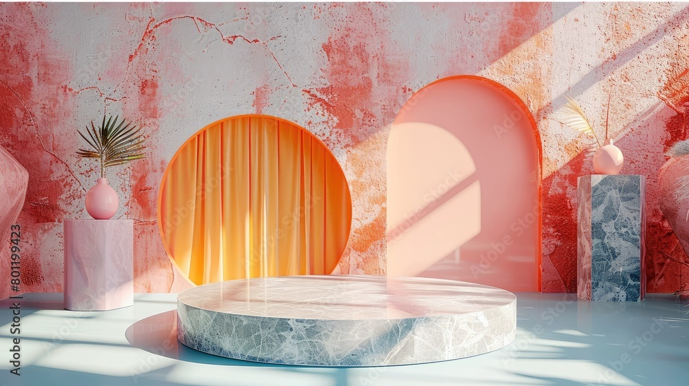 Aufkleber Empty pedestal product display with a stone podium geometry adorned by abstract pastel geometric shapes, creating a visually appealing platform for showcasing cosmetics. Generative AI.