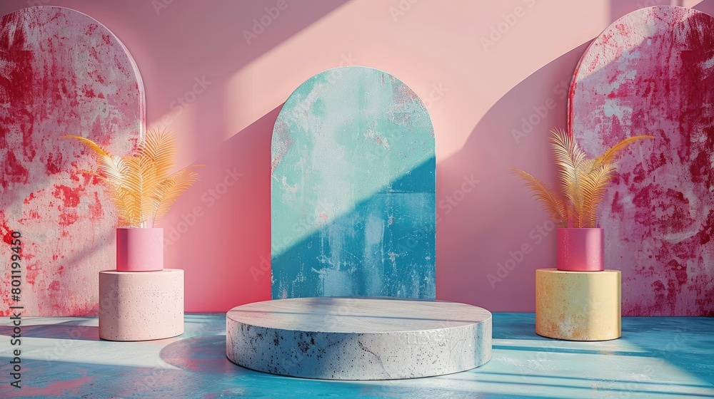 Aufkleber Empty pedestal product display with a stone podium geometry adorned by abstract pastel geometric shapes, creating a visually appealing platform for showcasing cosmetics. Generative AI.