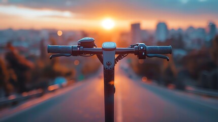 Eco-friendly transportation, close-up on electric scooter handle with cityscape, green commuting