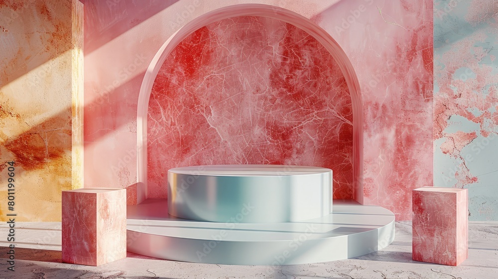 Aufkleber Empty pedestal product display with a stone podium geometry adorned by abstract pastel geometric shapes, creating a visually appealing platform for showcasing cosmetics. Generative AI.