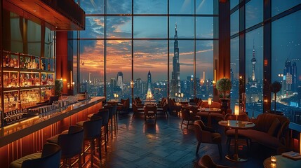An interior view of the luxury bar with its tall windows overlooking city skyline. Generative AI.