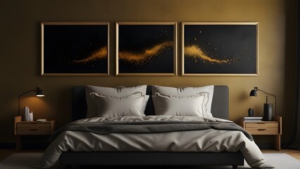 3 Wall Art Mockup, Interior Design of Bedroom Dark-Brown Theme, Bedroom Wall Art Mockup 1