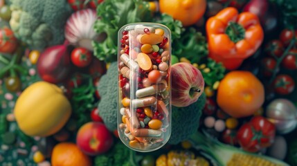 Fototapeta premium Clear capsule overflowing with essential multivitamins and dietary supplements,&nbsp;surrounded by an array of colorful,&nbsp;fresh vegetables and fruits,&nbsp;symbolizing a health&nbsp;-&nbsp;conscious lifestyle choice