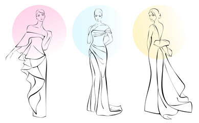 1479_Fashion sketch of three beautiful woman wearing elegant gown - 801200471