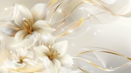 White lilies with gold ribbons on white background