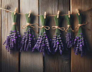 Bunches of fresh purple lavender tied with twine wooden background. Gardening and herbal concept