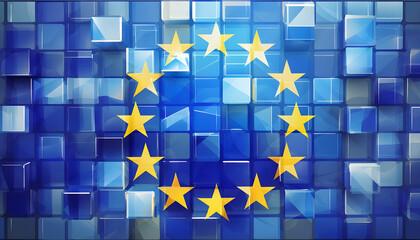 European Union flag a stunning glass mosaic, with each piece reflecting light differently, and embed within the mosaic