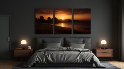3 Wall Art Mockup, Interior Design of Bedroom Dark-Brown Theme, Bedroom Wall Art Mockup